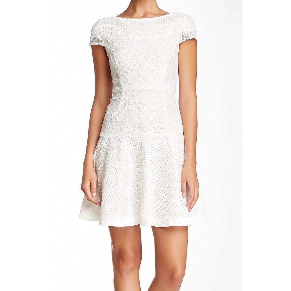 Betsey Johnson Women's Size 12 White Drop Waist Floral Lace Dress Cap Sleeve